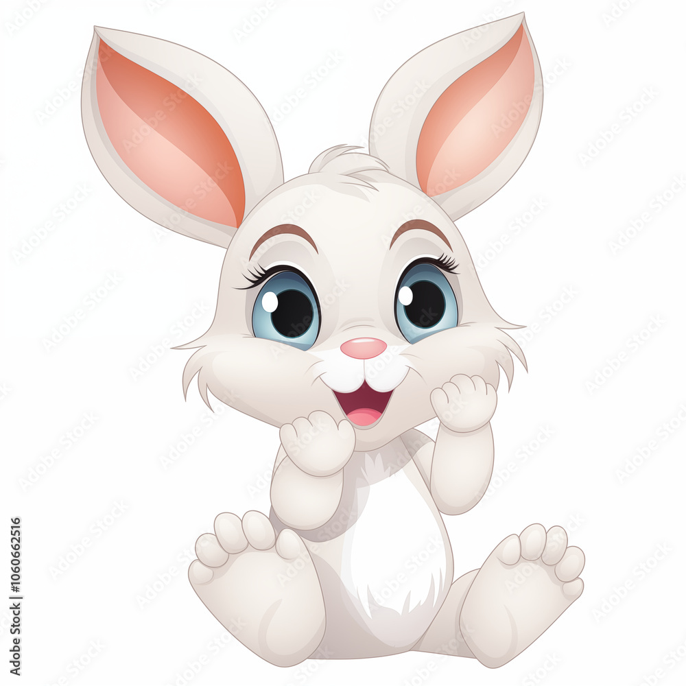 A joyful cartoon rabbit sitting happily with its paws raised in a playful manner A joyful cartoon rabbit sitting happily with its paws raised in a playful manner