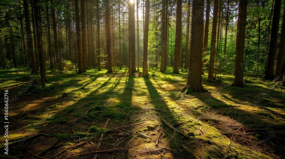 Obraz premium Sunlight filtering through a dense forest canopy, casting shadows on the ground