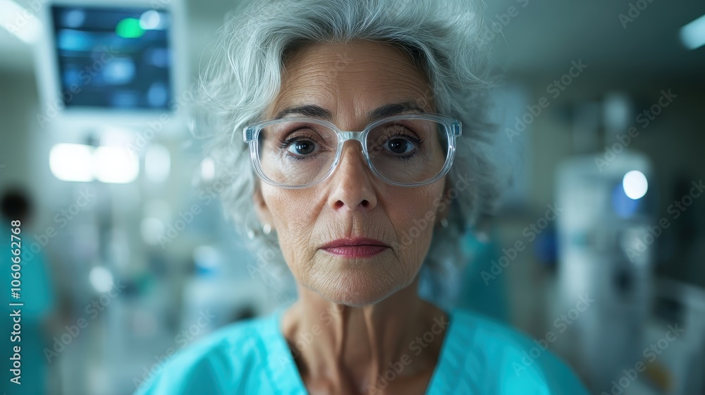 An experienced elderly female doctor stands in a hospital setting, wearing glasses and scrubs, showcasing wisdom and dedication in a calm and reassuring environment. An experienced elderly female doctor stands in a hospital setting, wearing glasses and scrubs, showcasing wisdom and dedication in a calm and reassuring environment.