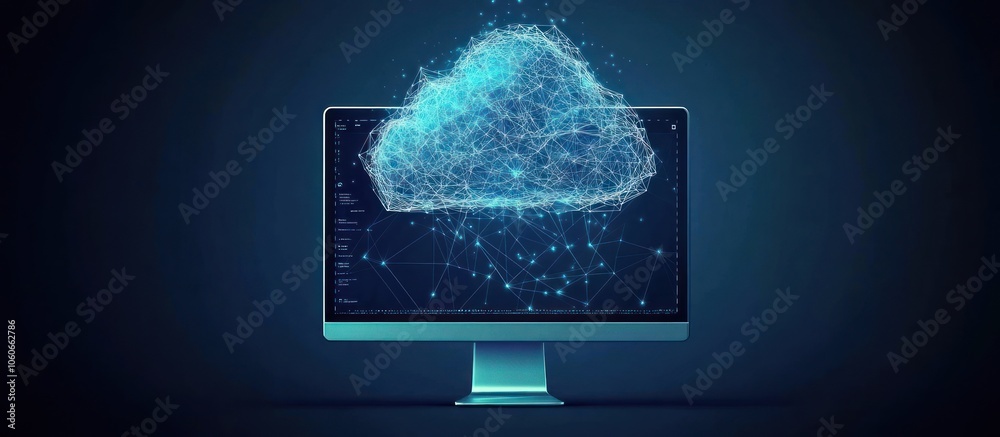 storage.Computing Concept. Low poly wireframe Cloud on pc screen ...