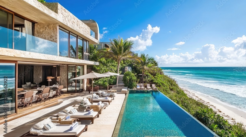 Fototapeta premium A modern, luxurious villa with a stunning infinity pool overlooking the ocean.