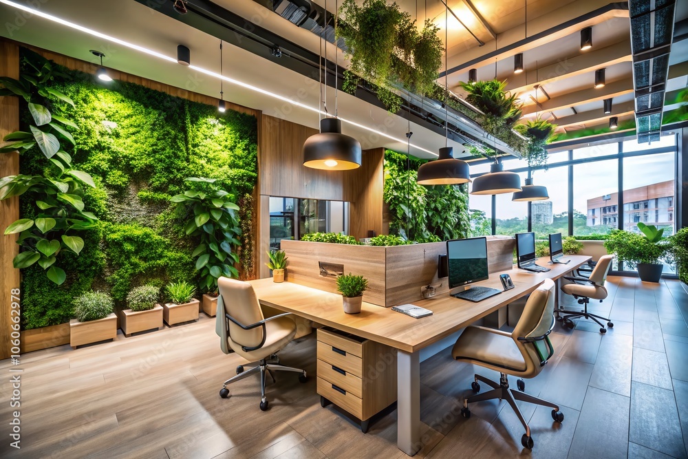 Modern Office Interior with Living Green Walls and Wooden Elements, Long Exposure, Eco-Friendly Design, Natural Light, Contemporary Workspace, Sustainable Architecture, Biophilic Design Modern Office Interior with Living Green Walls and Wooden Elements, Long Exposure, Eco-Friendly Design, Natural Light, Contemporary Workspace, Sustainable Architecture, Biophilic Design