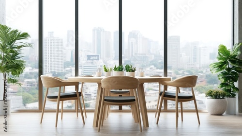 A modern dining room with a wooden table and chairs, offering a stunning city view from large windows.