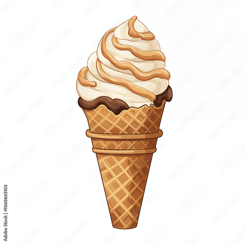 A delicious cartoon ice cream cone with swirls of cream and caramel drizzled on top A delicious cartoon ice cream cone with swirls of cream and caramel drizzled on top