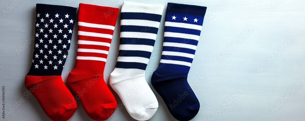 A set of four colorful socks featuring red, white, and blue patterns, including stars and stripes, laid out on a light background. A set of four colorful socks featuring red, white, and blue patterns, including stars and stripes, laid out on a light background.