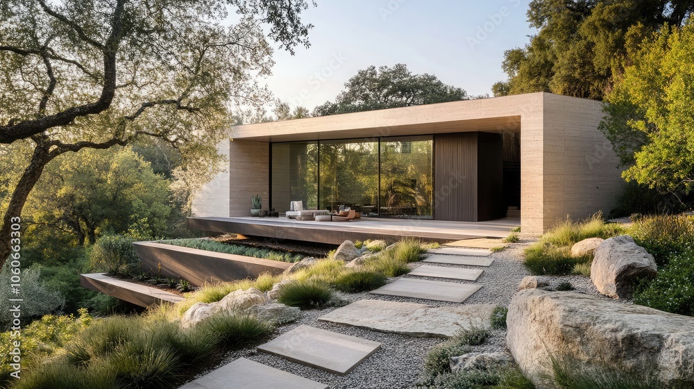Modern home with a minimalist design and large windows overlooking a lush garden. Modern home with a minimalist design and large windows overlooking a lush garden.