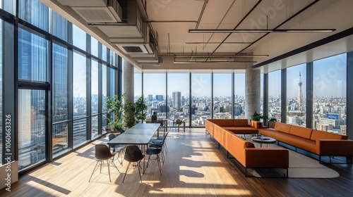 Modern office space with a stunning city view. The room is furnished with a long table and chairs, as well as a large orange couch.