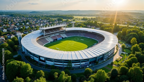 Aerial View of a Modern Stadium Surrounded by Lush Greenery.