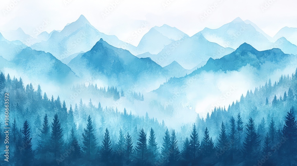Obraz premium A watercolor painting of a mountain range with a forest in the foreground, the sky and mountains are a soft blue color, creating a peaceful and serene atmosphere.