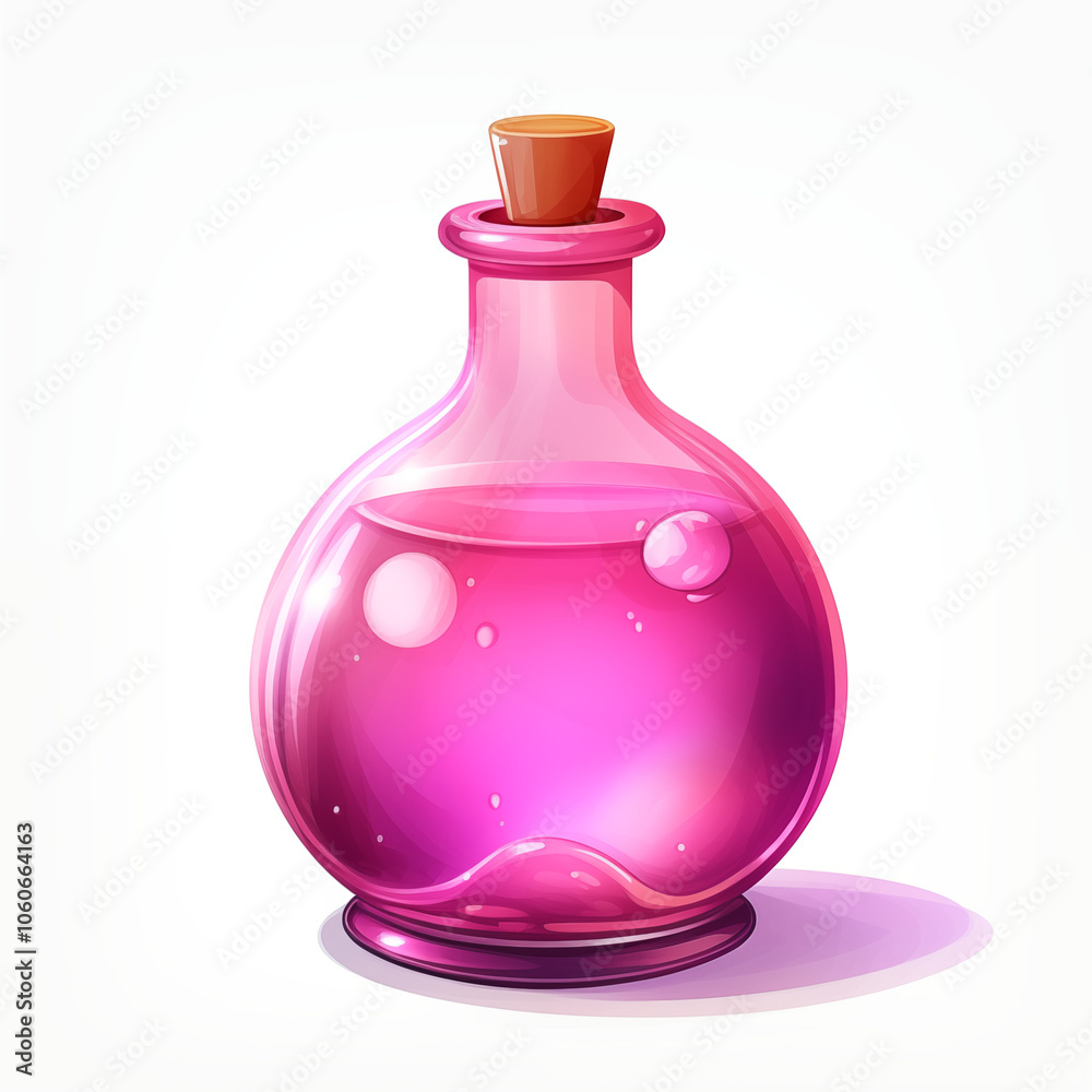 A vibrant pink potion in a glass bottle sitting on a light surface with bubbles rising