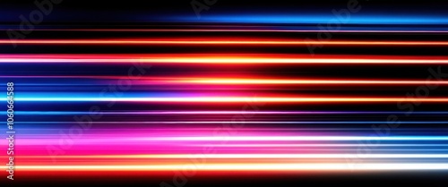 Abstract light trails, vibrant neon colors, motion blur, long exposure photography, horizontal streaks, red orange blue, dynamic energy, futuristic, speed lines, colorful light painting, high contrast
