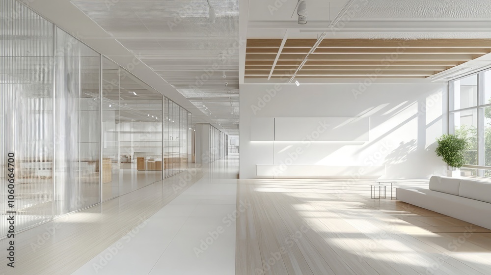 A modern office interior with white walls, a glass partition, and a long hallway. Sunlight streams in through the windows, illuminating the space. A modern office interior with white walls, a glass partition, and a long hallway. Sunlight streams in through the windows, illuminating the space.