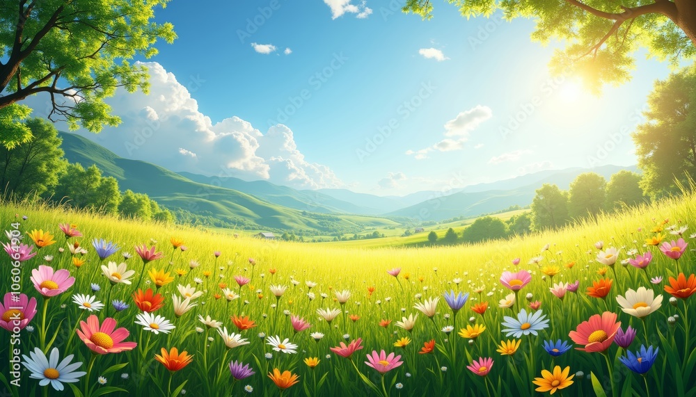 Vibrant Sunlit Meadow Filled with Colorful Wildflowers and Greens Vibrant Sunlit Meadow Filled with Colorful Wildflowers and Greens