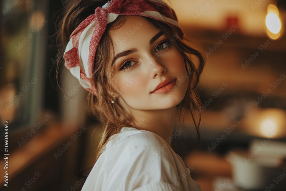 Young woman with a headband smiling in a cozy café setting Young woman with a headband smiling in a cozy café setting
