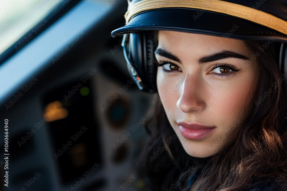 Young woman pilot in cockpit during flight at sunset Young woman pilot in cockpit during flight at sunset