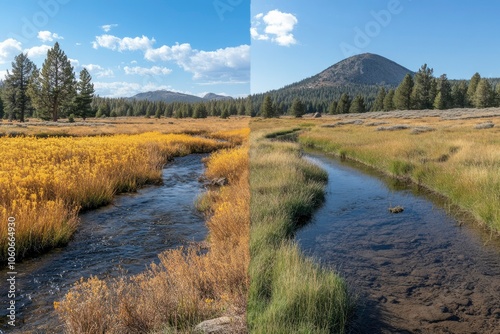 A Winding Creek Through a Mountain Meadow with Yellow Wildflowers