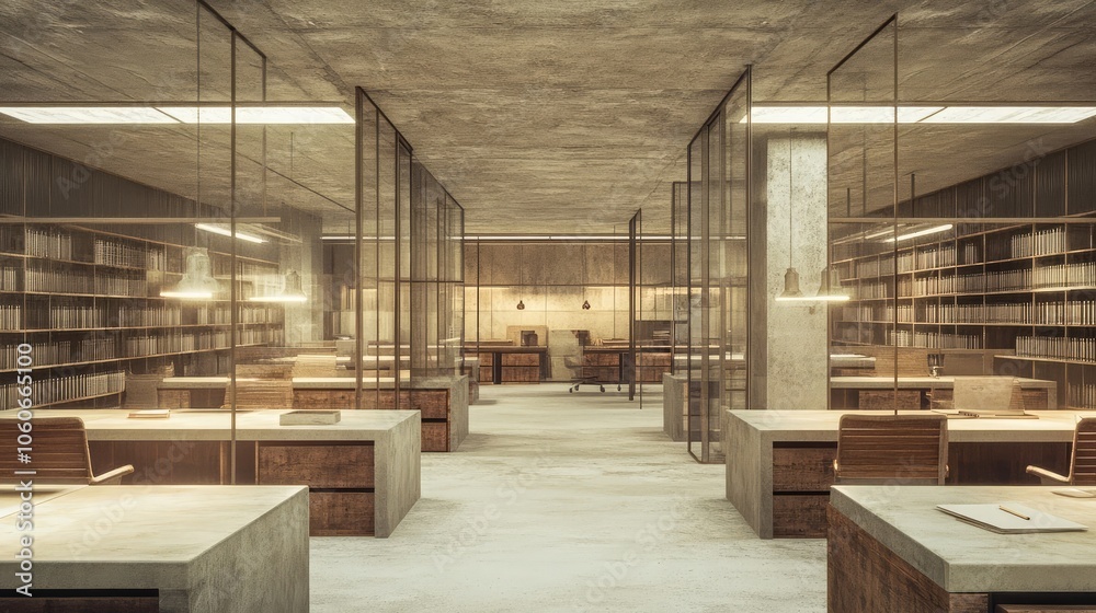 A modern office space with a minimalist design, featuring glass partitions and concrete walls. The room is filled with natural light and has a calm and serene atmosphere. A modern office space with a minimalist design, featuring glass partitions and concrete walls. The room is filled with natural light and has a calm and serene atmosphere.