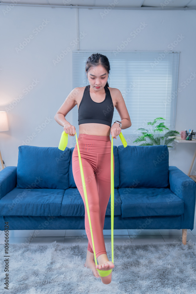 Fototapeta premium Concentrated young sportswoman is performing leg stretching exercises using a resistance band while working out in her living room