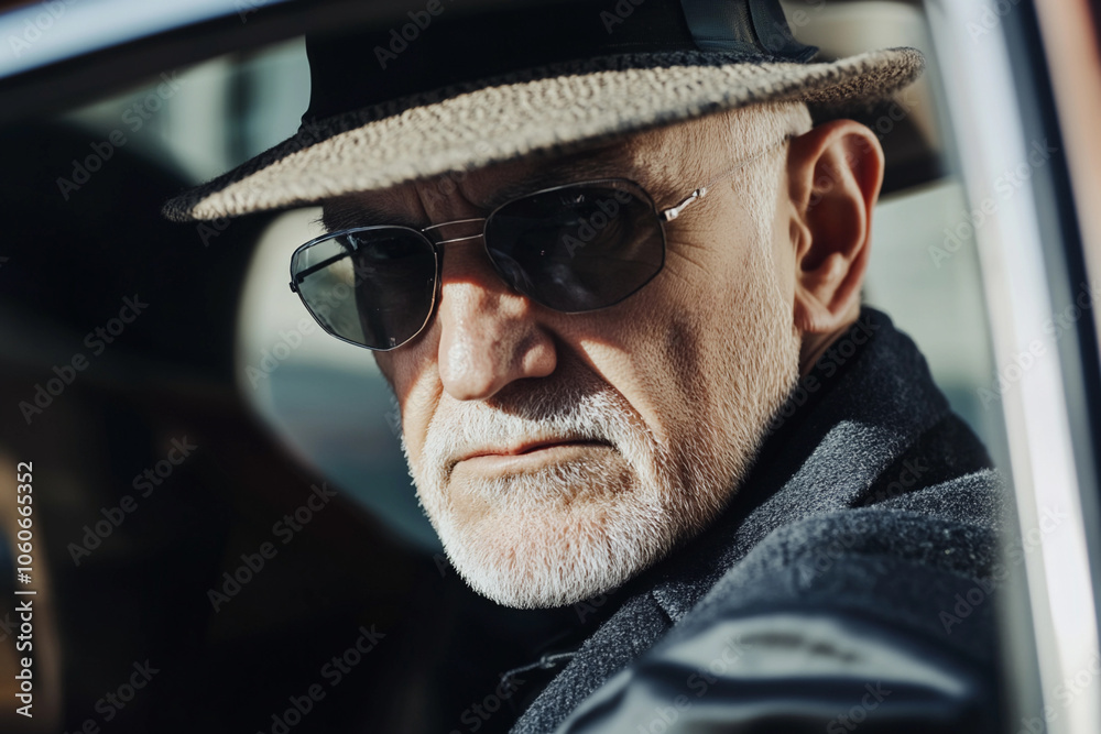 Elderly man in sunglasses and a hat inside a vintage car