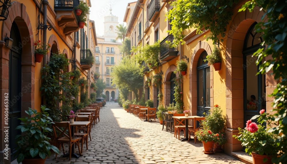 Obraz premium Charming European Street Scene with Historic Architecture and Flowers