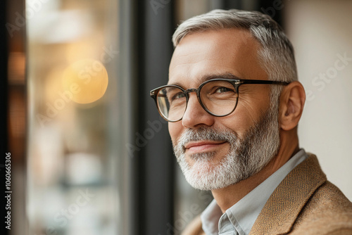 Smiling older man in a cafe during golden hour