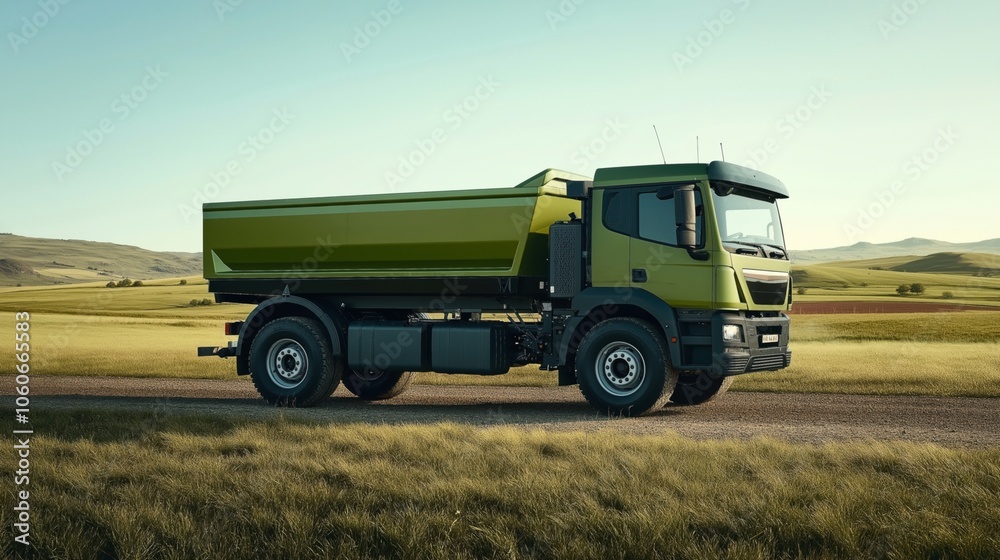 Green dump truck parked on a rural gravel road, surrounded by expansive agricultural fields and rolling hills under a clear blue sky. Green dump truck parked on a rural gravel road, surrounded by expansive agricultural fields and rolling hills under a clear blue sky.
