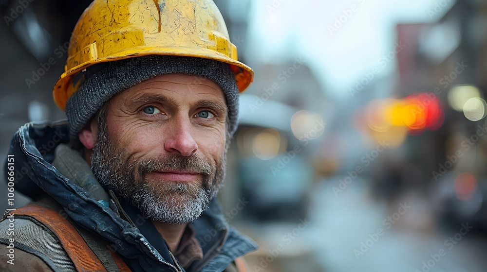 Smiling Worker in Hard Hat and Gray Sweater Smiling Worker in Hard Hat and Gray Sweater