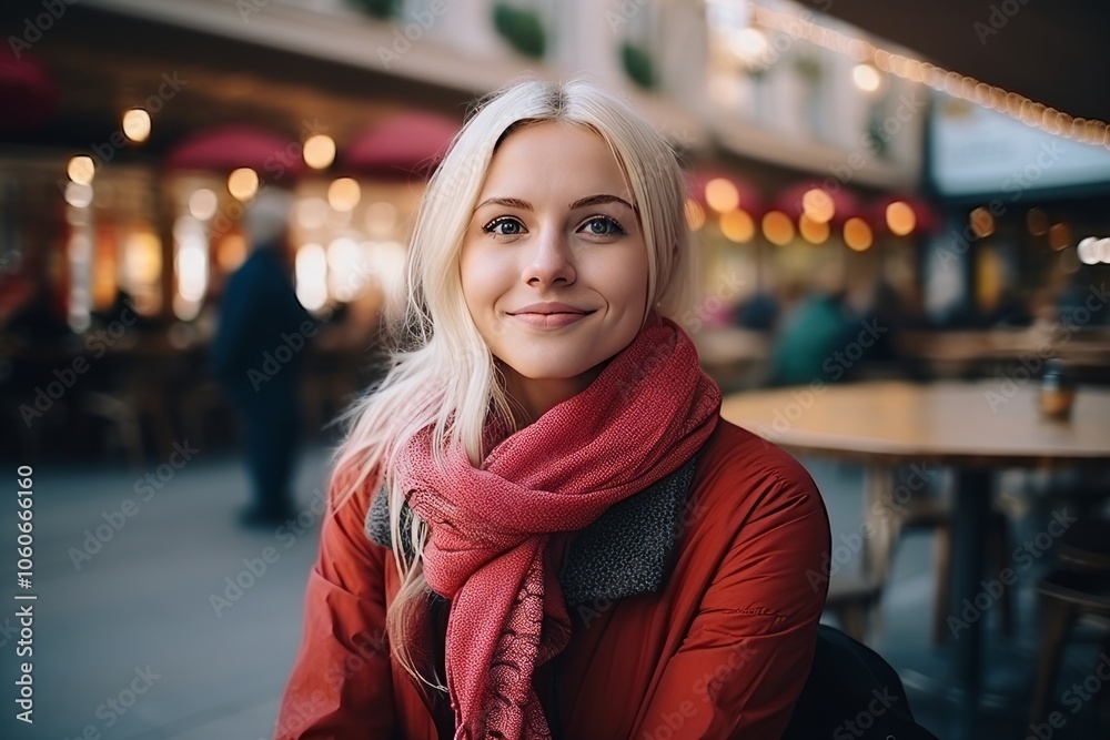 Portrait of a beautiful young woman in a red coat and scarf sitting in a cafe.