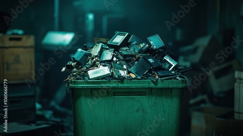 A cluttered scene of discarded electronic devices in a dimly lit environment.