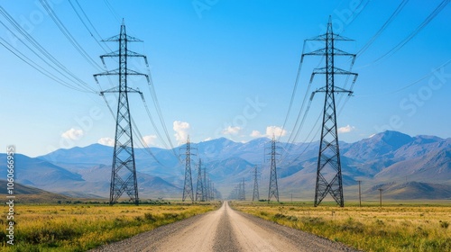 A gravel road leads through a vast landscape, flanked by tall power lines and mountains under a bright blue sky.