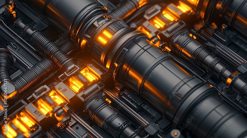 A close-up view of intricate mechanical pipes and systems emitting a warm orange glow, showcasing a blend of technology and industrial design. A close-up view of intricate mechanical pipes and systems emitting a warm orange glow, showcasing a blend of technology and industrial design.