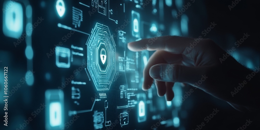 A hand interacts with a digital screen featuring technology icons for online network connections, cloud storage, and security systems, all highlighted against a dark blue backdrop. A hand interacts with a digital screen featuring technology icons for online network connections, cloud storage, and security systems, all highlighted against a dark blue backdrop.