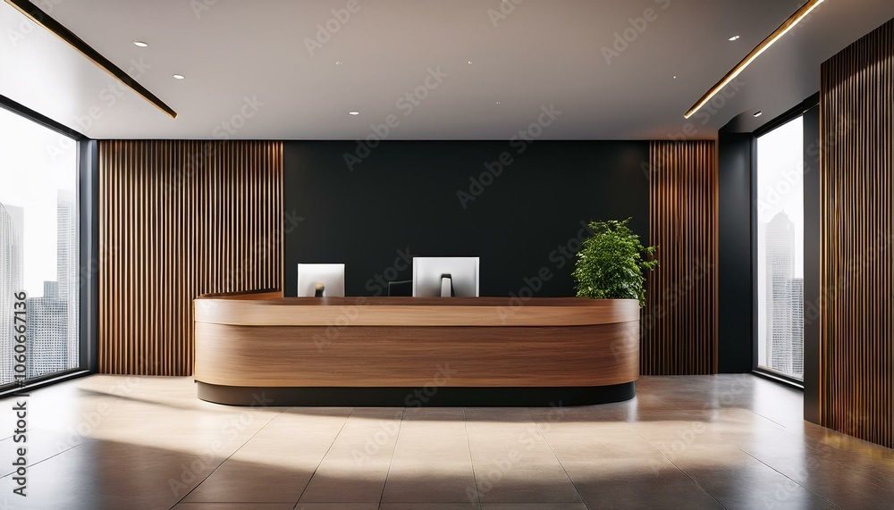 Modern office reception with dark wall accents and wooden details. 3D Rendering Modern office reception with dark wall accents and wooden details. 3D Rendering