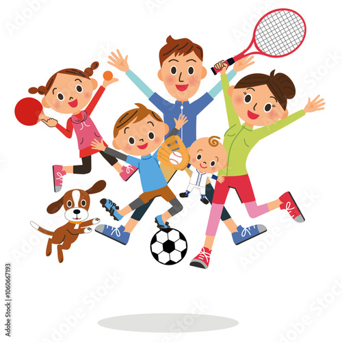 色々なスポーツをジャンプして楽しむ家族