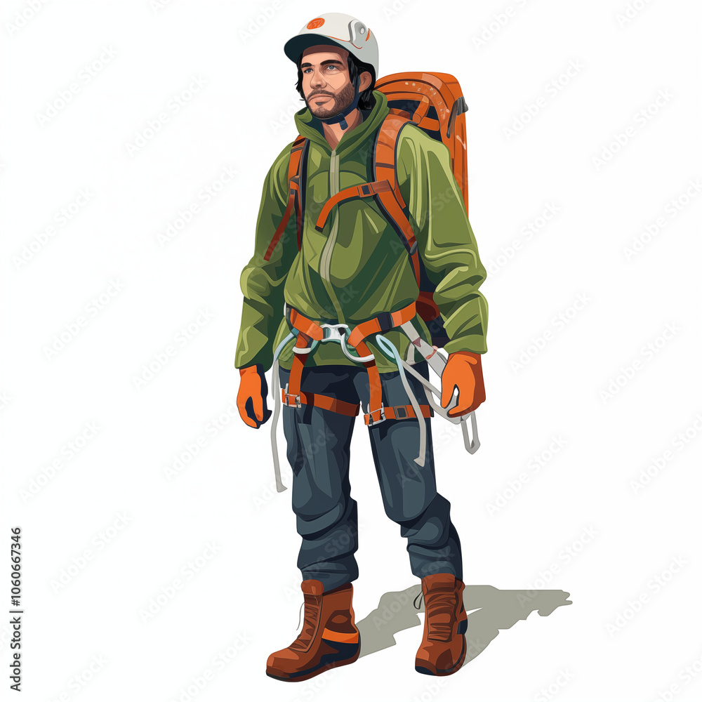 A confident cartoon climber ready for an adventurous ascent in nature's rugged landscape A confident cartoon climber ready for an adventurous ascent in nature's rugged landscape