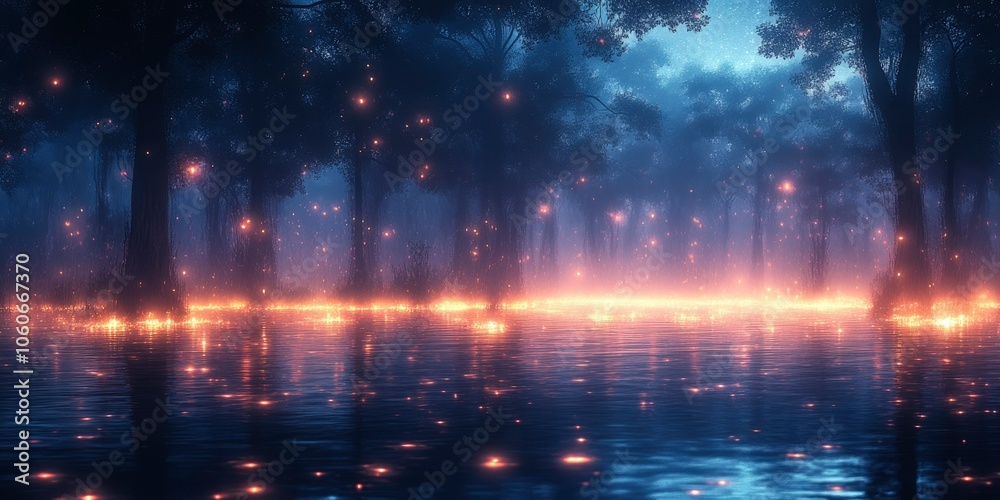 Naklejka premium A Mystical Forest Reflecting in a Tranquil Lake at Night