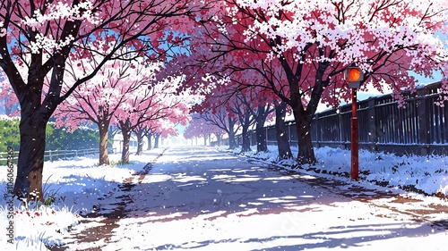 Enchanting Anime Artwork Featuring a Serene Snowy Pathway Lined with Cherry Trees for a Traditional Ambiance
