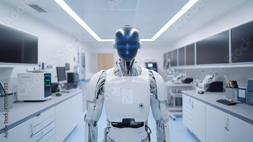 humanoid robot stands in high tech laboratory setting