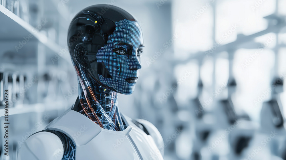 Futuristic humanoid robot with digital face in lab setting Futuristic humanoid robot with digital face in lab setting