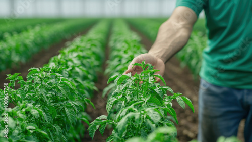 farmer inspects healthy green plants in vast greenhouse