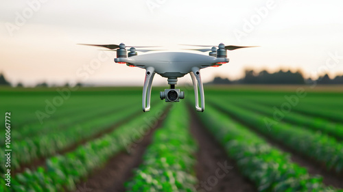 Drone flying over lush green field for agricultural monitoring