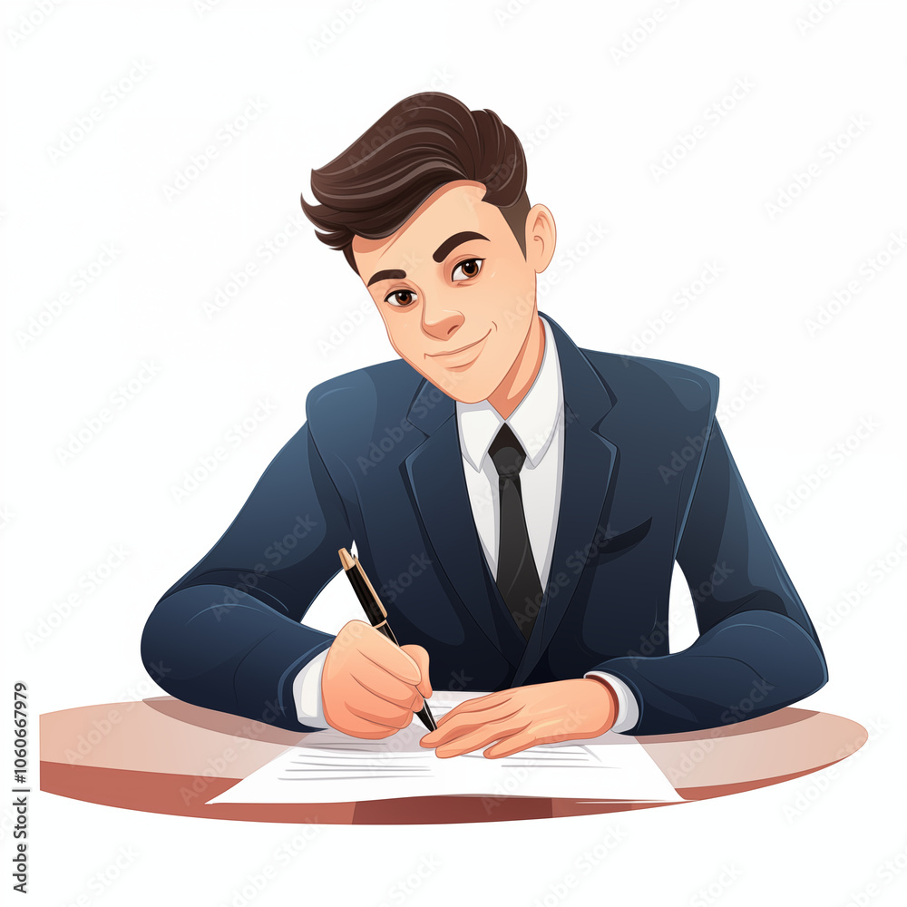 Young businessman in a suit reviewing documents while writing at a desk during the day Young businessman in a suit reviewing documents while writing at a desk during the day