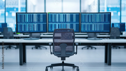 Modern control room with multiple computer screens displaying data