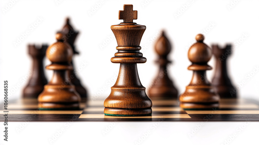 A close-up view of a chess king piece standing prominently at the forefront surrounded by various chess pieces symbolizing strategic gameplay and competition. A close-up view of a chess king piece standing prominently at the forefront surrounded by various chess pieces symbolizing strategic gameplay and competition.