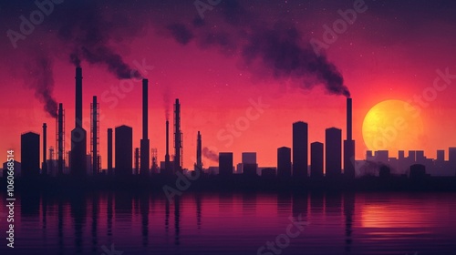 A colorful sunset over an industrial skyline, featuring smokestacks and reflective water, conveying a blend of beauty and pollution.