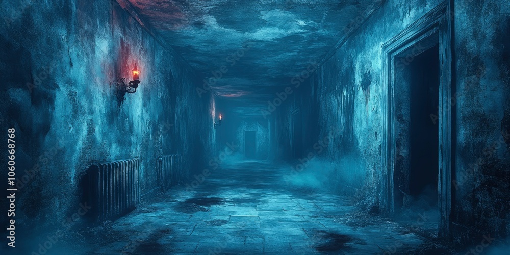 A Dark and Foggy Hallway with Candles and Doors A Dark and Foggy Hallway with Candles and Doors