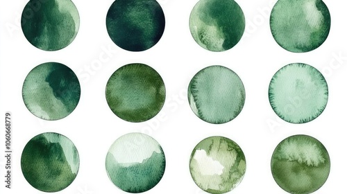 Twelve watercolor circles in shades of green, perfect for adding a touch of nature to your designs. photo