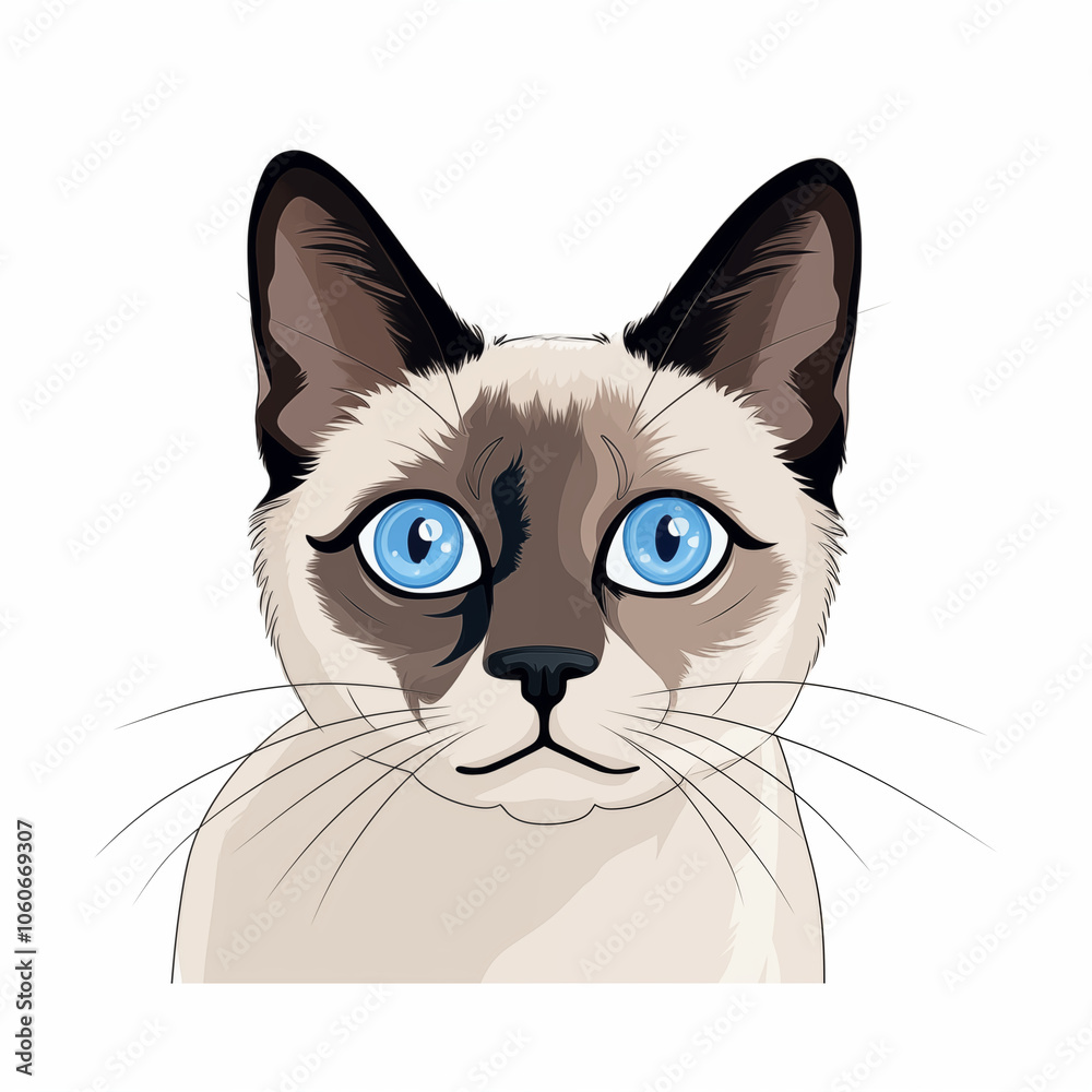 A charming cartoon representation of a Siamese cat with striking blue eyes and a curious expression A charming cartoon representation of a Siamese cat with striking blue eyes and a curious expression
