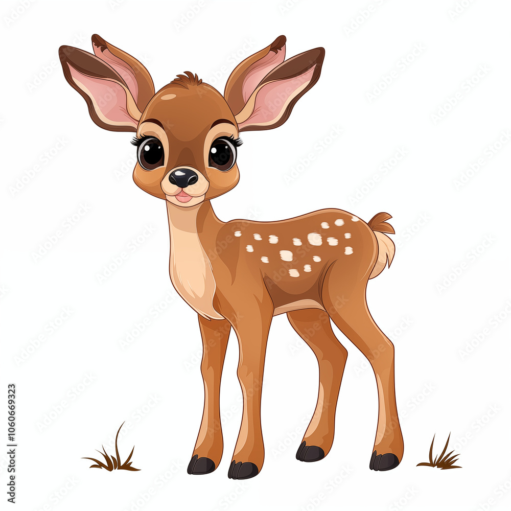 A cute cartoon deer standing in a grassy area with a joyful expression on a bright background A cute cartoon deer standing in a grassy area with a joyful expression on a bright background