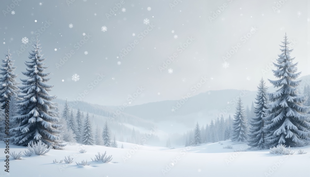 Obraz premium Serene Winter Landscape with Snow-Covered Pine Trees and Hills.